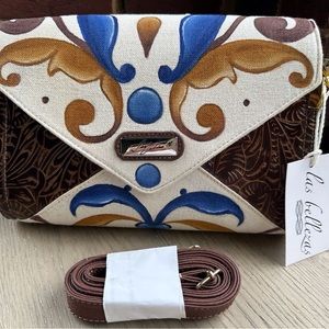 NWT tooled leather/hand painted canvas clutch/shoulder/crossbody bag